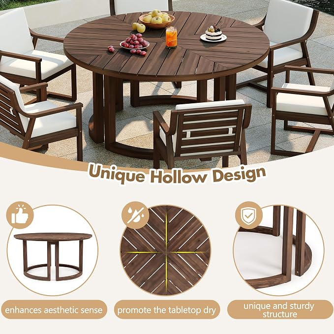 7-Piece Outdoor Patio Dining Set, All-Weather Acacia Wood 59'' Round Dining Table with 1.96" Umbrella Hole and 6 Arm Chairs for Backyard, Balcony, Garden, Poolside (Mocha-2.14)