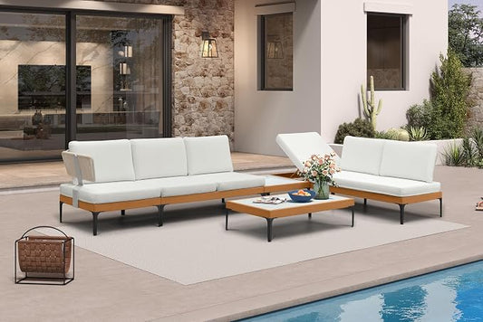 PURPLE LEAF Patio Furniture Set Outdoor Sectional Sofa with Coffee Table Fade-Resistant Cushions Wicker L-Shaped 5 Pieces Aluminum Convertible Daybed for Balcony Yard Garden Poolside, White