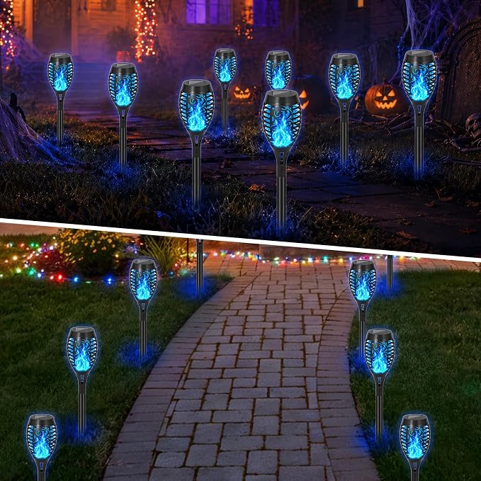 8 Pack Solar Lights Outdoor, Blue Flickering Flame Torches | Blue Flickering Flame, Long Nighttime Glow, Auto-On at Dusk, IP65 Weather-Resistant, Tool-Free Ground Setup