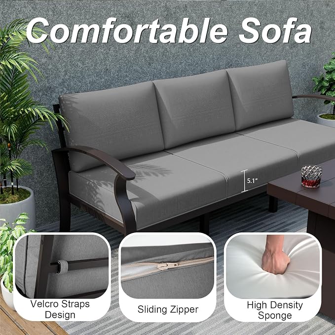 ALAULM Aluminum Patio Furniture Set with 2 Swivel Chairs 7-seat Metal Outdoor Furniture Patio Sectional Sofas Patio Conversation Set w/5.1" Cushions for Patio, Backyard, Poolside-Grey