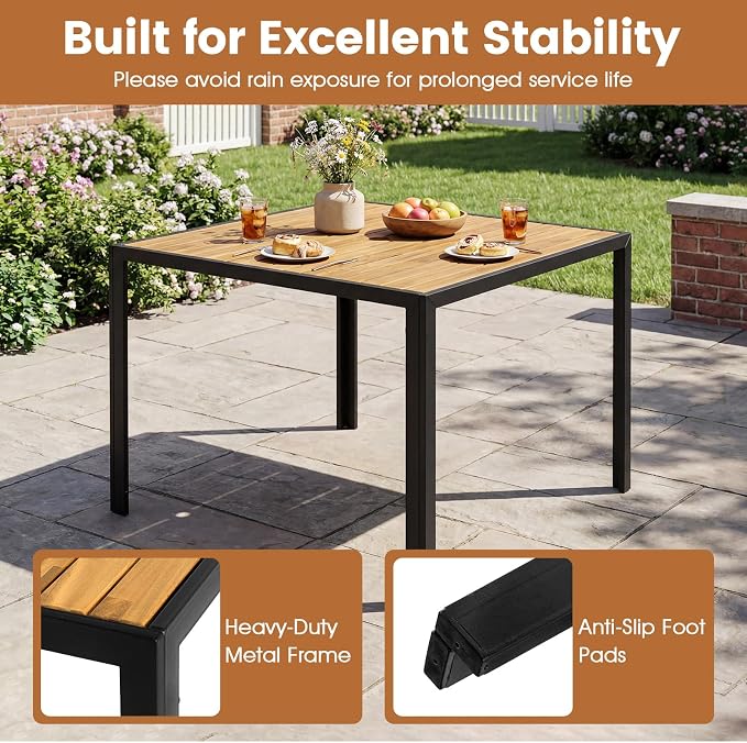 Tangkula 36" Square Patio Dining Table for 4, Acacia Wood Outdoor Table with Slatted Top, 1.97" Umbrella Hole and Heavy Duty Metal Frame, Outside Table for Porch, Garden, Backyard, Deck and Poolside