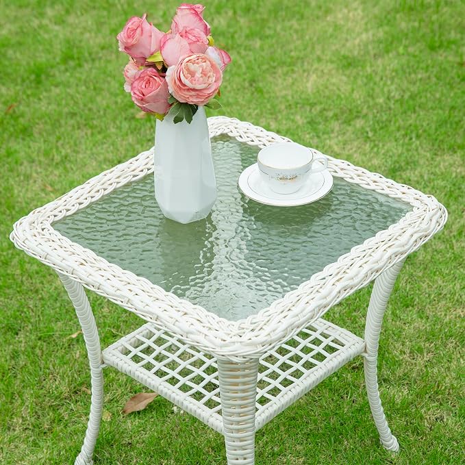 VIVIJASON Outdoor Wicker Side Table, All-Weather Rattan Patio Side Table Bistro Table with 2-Tier Storage, Tempered Glass Top Square End Table for Indoor, Balcony, Garden, Porch, Deck, Cream White