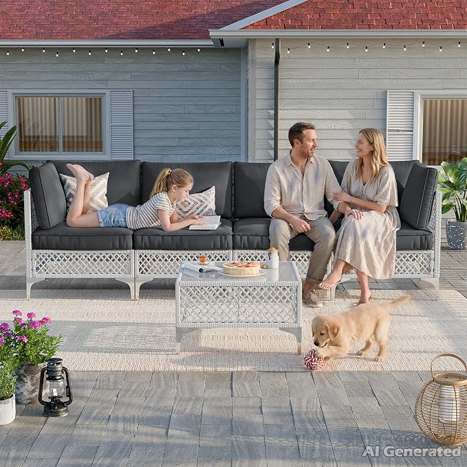 Vikiullf Patio Conversation Set, 5 Piece Outdoor Sectional Sofa Set with Coffee Table, White Wicker with Grey Cushions (White and Grey, 5 piece)