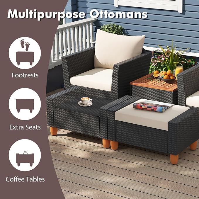 Tangkula 5 Pieces Patio Furniture Set, PE Rattan Chairs with Storage Table, Ottomans, Soft Pillows & Cushions, Acacia Wood Tabletop & Legs, Outdoor Conversation Set for Porch, Garden (White)