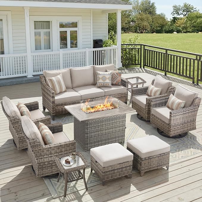 Patio Furniture Set with 42.5" Fire Pit Table-10 Pieces All Weather Wicker Outdoor Furniture with High Back Swivel Patio Chairs Set of 4 Outdoor Patio Conversation for Deck Garden Beige/Gray
