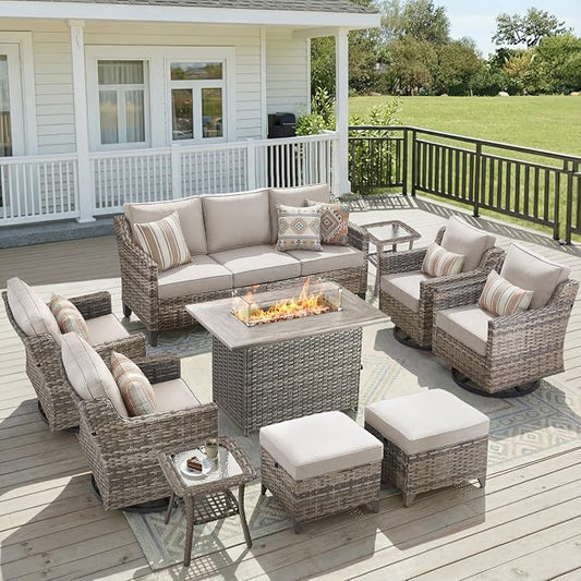 Patio Furniture Set with 42.5" Fire Pit Table-10 Pieces All Weather Wicker Outdoor Furniture with High Back Swivel Patio Chairs Set of 4 Outdoor Patio Conversation for Deck Garden Beige/Gray