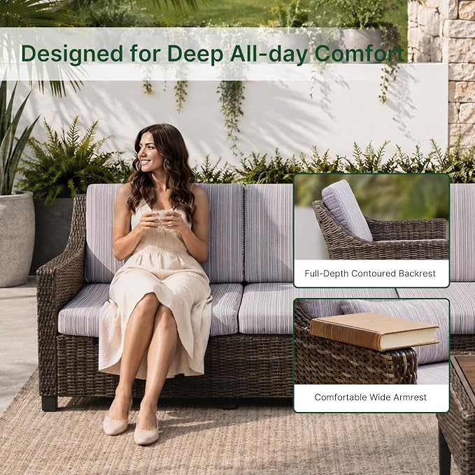Wicker Patio Conversation Set, Outdoor Patio Chair Set with Deep Seating, Wide Armrests & Thick Cushions, All-Weather Outdoor Furniture Set for Patio, Porch, Deck & Backyard