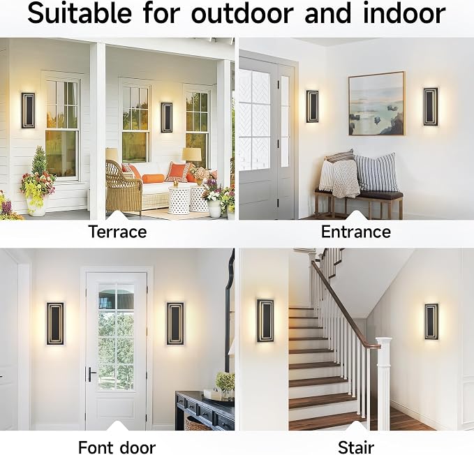 Modern Outdoor Square Wall Sconce LED,Exterior Lights 15.7 in,24W | Waterproof 2-Tier Patio Wall Light Fixture For House,Side Garage,Front Porch,Entrance With 3000K Light Bead,360° Angle,2PCS