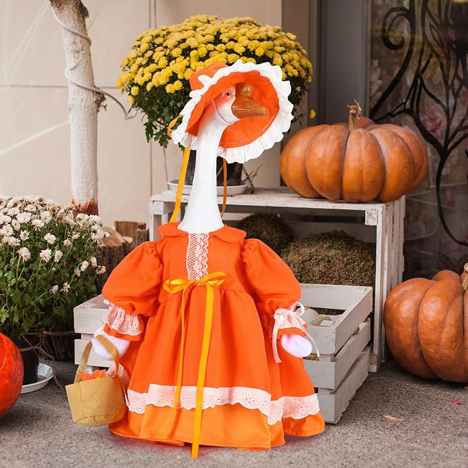 Soulchen Fall Porch Goose Outfit Set 23" Cute Lolita Goose Clothes Dress and Hat Costume Set for Fall Patio Yard Lawn Statue Decor