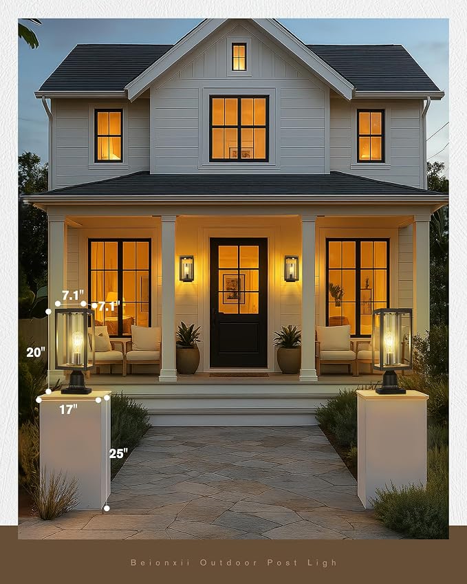 Beionxii Outdoor Post Lantern, 20inch Large Modern Lamp Post Light Fixture Exterior Pillar Lights with Pier Mount Base, Black Cast Aluminum w/Clear Cylinder Glass - A291P-2PK (NOT Solar, 110-120V AC)