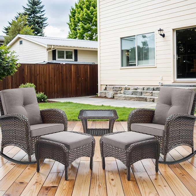 HUMMUH 5 Pieces Wicker Patio Furniture Set,Outdoor Rocker Chairs,Patio Ottomans,Glass Top Side Table,Outdoor Conversation Set for Porch Deck Backyard Poolside