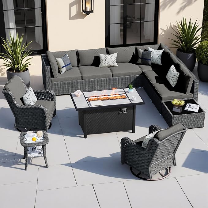 HOOOWOOO Outdoor Patio Furniture with Fire Pit Set 11 Pieces Patio Set with Fire Pit Wicker Outdoor Furniture with Fire Pit Table Set Patio Sectional Set with Swivel Chairs,Black