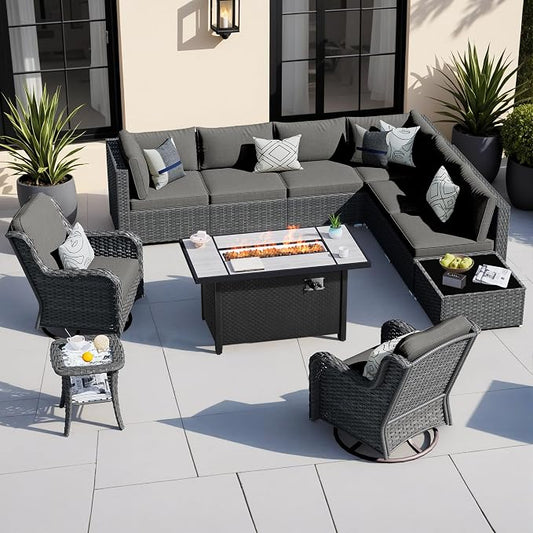 HOOOWOOO Outdoor Patio Furniture with Fire Pit Set 11 Pieces Patio Set with Fire Pit Wicker Outdoor Furniture with Fire Pit Table Set Patio Sectional Set with Swivel Chairs,Black