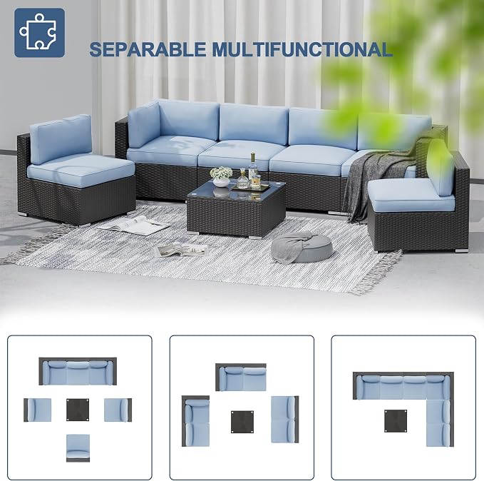 SOLAURA 7 Pieces Outdoor Patio Furniture Set, Black Brown Rattan Outdoor Patio Sectional Conversation Set, Modular Sofa Set with Coffee Table, Sky Blue