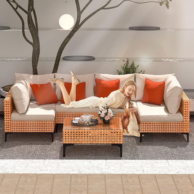 10 Piece Outdoor Patio Furniture Set Modular Outdoor Furniture Set Wicker Outdoor Sectional Sofa with Cushions and Tea Table Patio Set for Balcony Porch Deck Yard (Salmon&Orange Wicker, Sand Cushion)