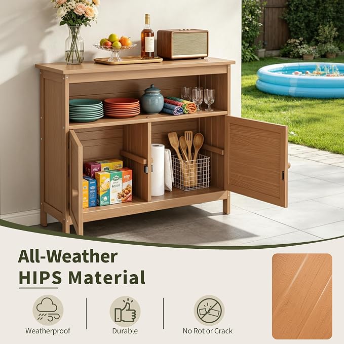 HIPS All-Weather Outdoor Storage Cabinet,Outdoor Sideboard with Magnetic Doors,3-Shelves Patio Storage Cabinet, Used for Garden,Buffet Cabinet,TV Stand, Bar Table,Balcony