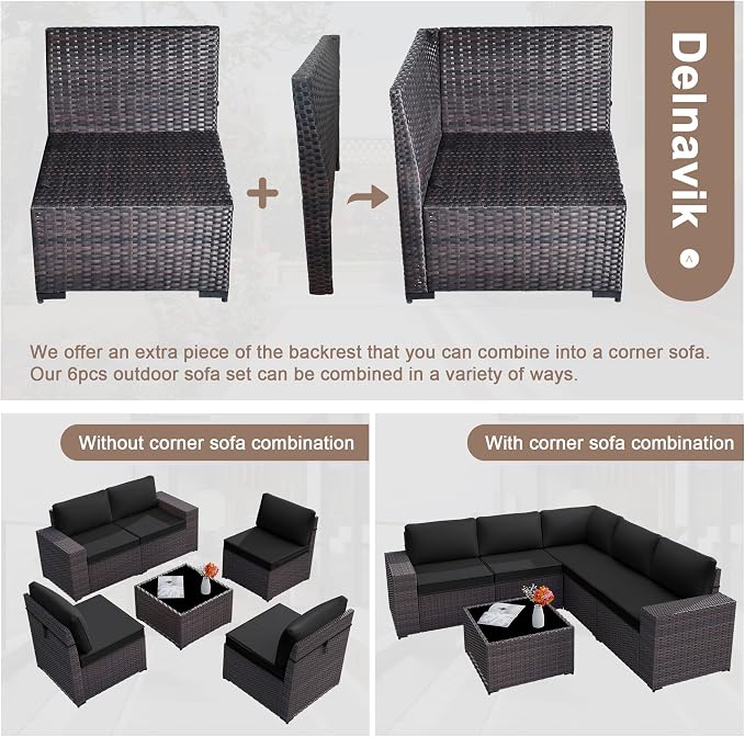 Kurapika 6 Pieces Patio Furniture Set, Rattan Outdoor Conversation Sets w/4 Inch Cushion and Glass Coffee Table(Black)