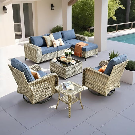 Outdoor Sectional Patio Furniture Set with Rocker Chairs,7 Pieces Wicker Conversation Sets L Shaped Couch,Extra Deep Out Door Sofa Outside Furniture,Blue