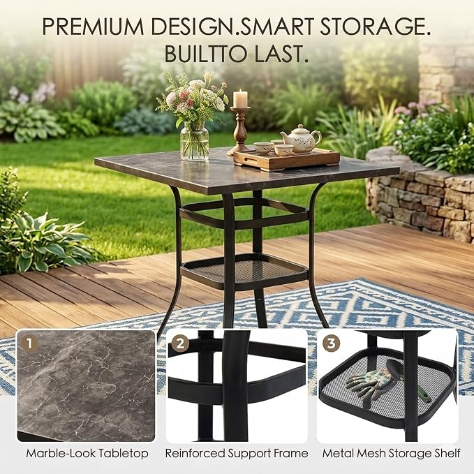 Kozyard 3-Piece Patio Bar Set with 2 Counter Height Bar Stools, Outdoor Bistro Table Set with Marble-Look Tabletop & Storage Shelves, All-Weather Bar Height Dining Set for Backyard, Balcony