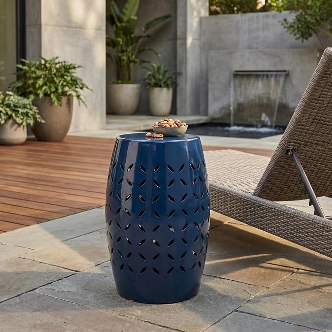 12" Outdoor Side Table, Decorative Cutout Metal Round Side Table, Multi Functional - Coffee Table, Night Stand, Plant Stand for Patio, Garden, Backyard, Gazebo Indoor (Navy)