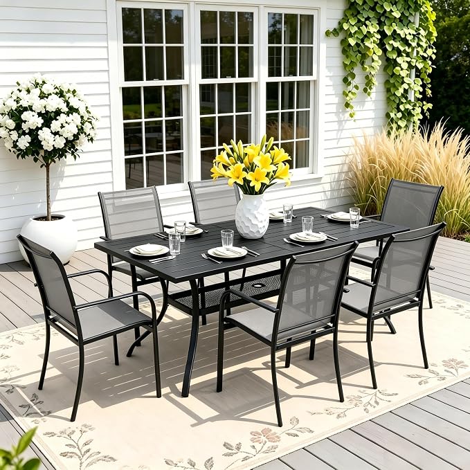 Crownland Outdoor Patio Dining Table, 60" x 37"Rectangle Metal Patio Table with 1.57" Umbrella Hole, Outdoor Furniture Dining Table for 6-8 Person, for Backyard, Garden, Classic Black