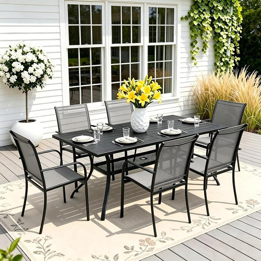 Crownland 7-Piece Outdoor Dining Set, Patio Textilene Dining Sets, 6 Metal Textilene Chairs and Rectangular Outdoor Dining Table with 1.57" Umbrella Hole(Grey)