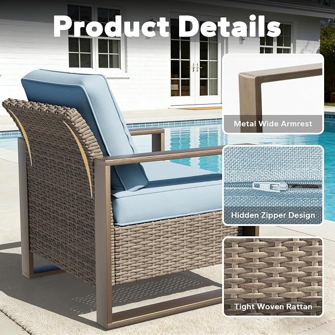75" Patio Metal Wicker Sofa, All Weather Outdoor Rattan 3-Seat Sofa Couch with Premium Cushions & Rectangular Framed Wood-Looking Metal Armrest for Garden Backyard Porch Deck, Baby Blue