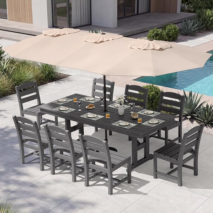 KINGYES 8-Person Outdoor Patio Dining Set with Patio Umbrella,84 inch HDPE Rectangular Table and Chairs Set，Waterproof Furniture Set with Umbrella Hole for Backyard,Grey