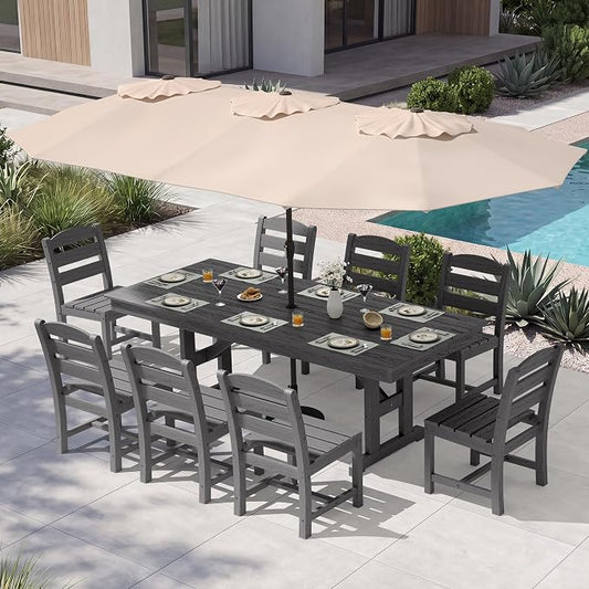 KINGYES 8-Person Outdoor Patio Dining Set with Patio Umbrella,84 inch HDPE Rectangular Table and Chairs Set，Waterproof Furniture Set with Umbrella Hole for Backyard,Grey