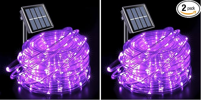 JMEXSUSS 200 LED Purple Solar Halloween Lights, 66 ft Rope Lights Outdoor Waterproof, PVC Tube Purple Christmas String Lights for Party Tree Fence Christmas (Pack of 2)