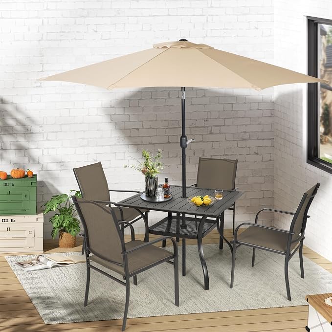 Crownland 5 Piece Patio Dining Set, Textilene Dining Sets, 4 Textilene Metal Chairs and Square Outdoor Dining Table with Khaki 9FT Round Outdoor Umbrella (Brown)