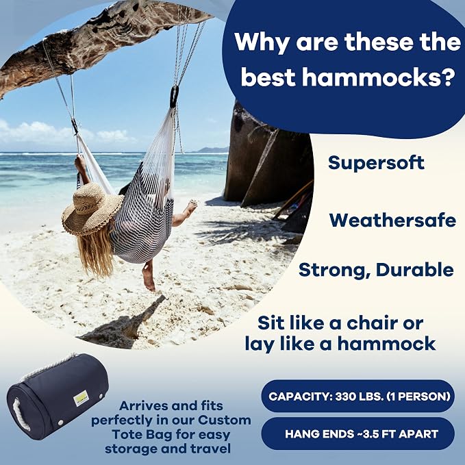 Handwoven Hammock & Charcoal Vista Stand by Yellow Leaf Hammocks - Hanging Chair, Fits 1 Person, 330lb max - Weathersafe, Easy to Hang & Setup, Ultra Soft, Artisan Made - Hammock Color: Navy Blue & W