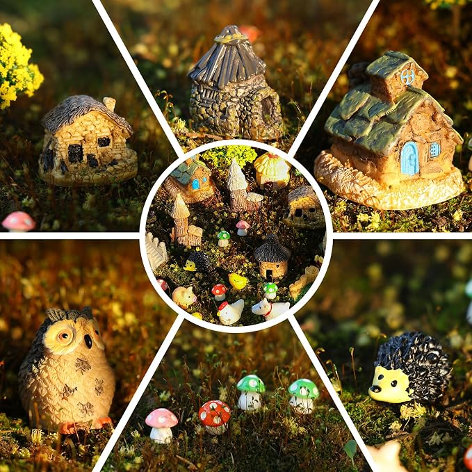 60 PCS Mini Fairy Garden Accessories Kit Miniature House Decor | Mini Fairy Figurines Outdoor DIY Micro Landscape Ornaments for Terrarium Dollhouse Succulent Craft