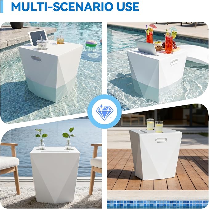 Modern Assemble-Free Outdoor Side Table, Pool Side Table for Inside Pool or on Patio, Lounger Table with 2 Cup Holders * 1 Tablet Holder, White