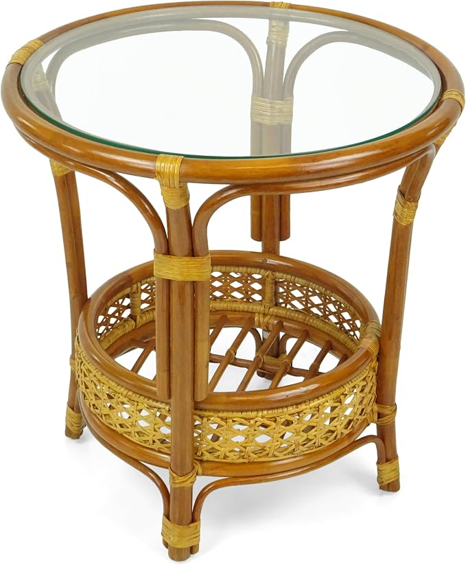 Malibu Handmade Natural Rattan Living Room Set of 2 Rocking Lounge Chairs and Round Coffee Table with Glass, Colonial Color, Red Cushions