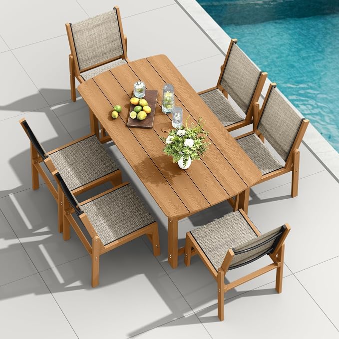 HDPE Outdoor Patio Dining Set with Table & 6 Stackable Armless Textilene Chairs, All-Weather 7-Piece Dining Table Set with Umbrella Hole, Patio Furniture for Garden, Poolside, Backyard, Deck | Teak
