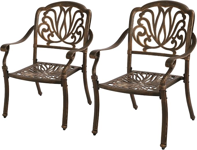 Grepatio 2 Piece Outdoor Cast Aluminum Dining Chairs, Modern Patio Bistro Chair Set of 2, Patterned Back Metal Chairs, Antique Bronze (Without Cushions)