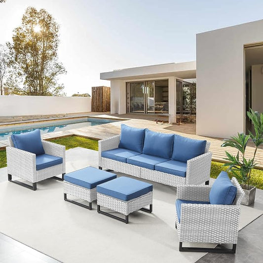 Belord Wicker Patio Furniture 5 Piece Outdoor Sofa Set, Oversize Outdoor Dining Chairs with Rattan Ottomans, Conversation Sets Patio Furniture Come with Removable Washable Cushion Blue, Light Grey