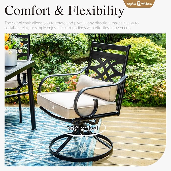 Sophia & William Patio Dining Set, 13ft Umbrella, Swivel Chairs, Beige | Seats 6, Cushions
