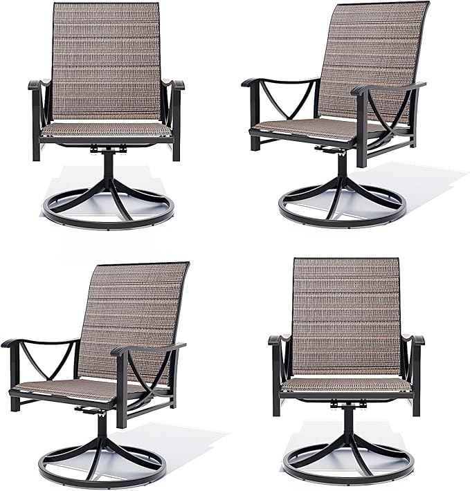 Gotland Patio Swivel Chairs Set of 4, Outdoor Dining Chairs with Breathable Teslin Seat Cushion & Backrest, 360° Outdoor Swivel Chairs with Metal Frame, Patio Dining Chairs for Deck Garden Brown