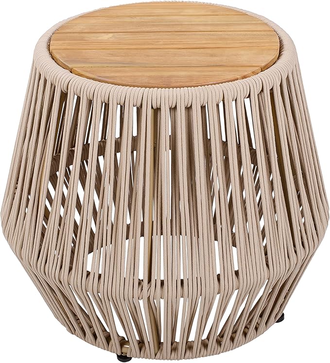 Polibi Outdoor Side Table with Handwoven Rope Base, Weather-Resistant Outdoor/Indoor Accent Table for Patio, Garden, Coastal & Bohemian Decor (Beige + Light Teak)