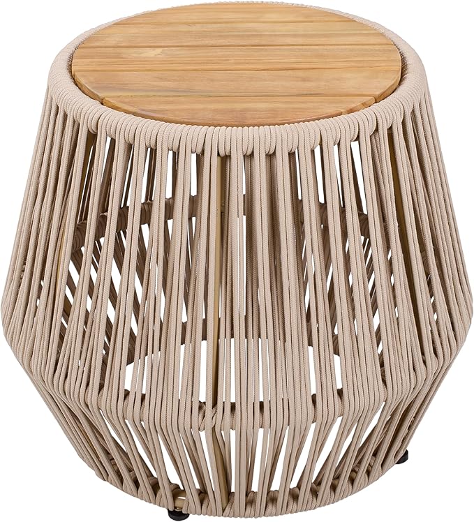 Christopher Knight Home Norshire Outdoor Side Table with Rope Base, Acacia Wood End Table, Round Patio Table, Accent Table for Garden Balcony Poolside and Indoor Use, Garden Stool, Beige+Light Teak