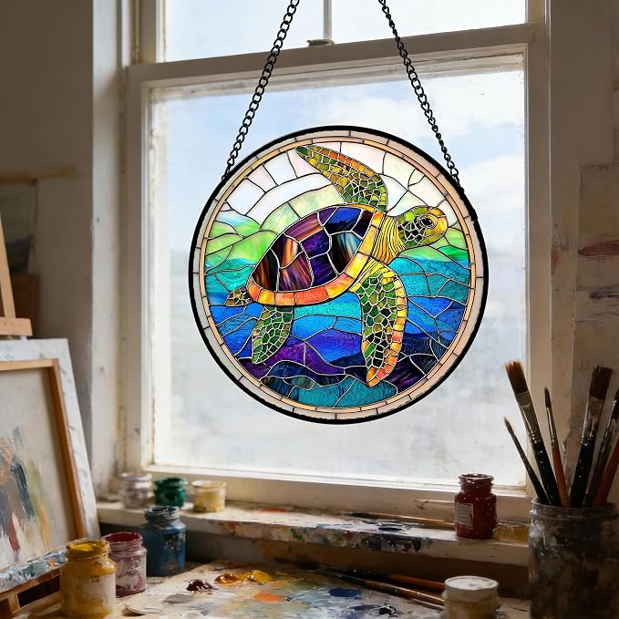 DASTOLL Stained Glass Window Hanging, Colored Turtle Ocean Suncatcher Diamond Glass Panel Hangings Marine Life Sun Catchers Decor for Birthday for Women, Men, Wife, Aunt, Mom 15x15 in