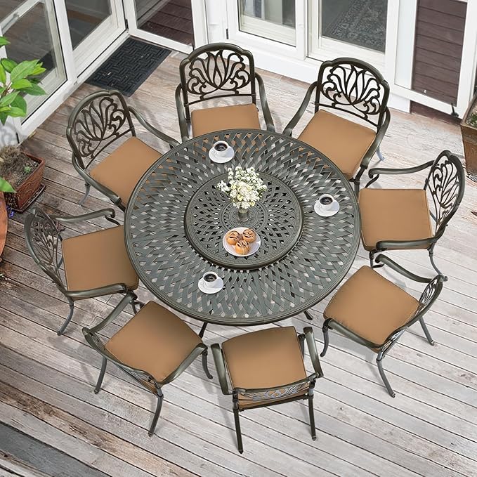 MEETWARM 9-Piece Outdoor Furniture Dining Set, All Weather Cast Aluminum Patio Garden Set- 8 Cushioned Chairs, 61" Round Patio Dining Table with Detachable Lazy Susan, 2" Umbrella Hole,Dark Bronze