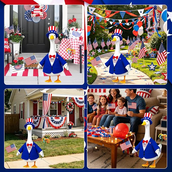 4th of July Porch Goose Outfit for 23 Inch Statue - Patriotic Uncle Sam Costume for 250th USA Anniversary, Sculpture Clothes in Red White Blue, Patriotic Decorations for Outdoor Yard Garden