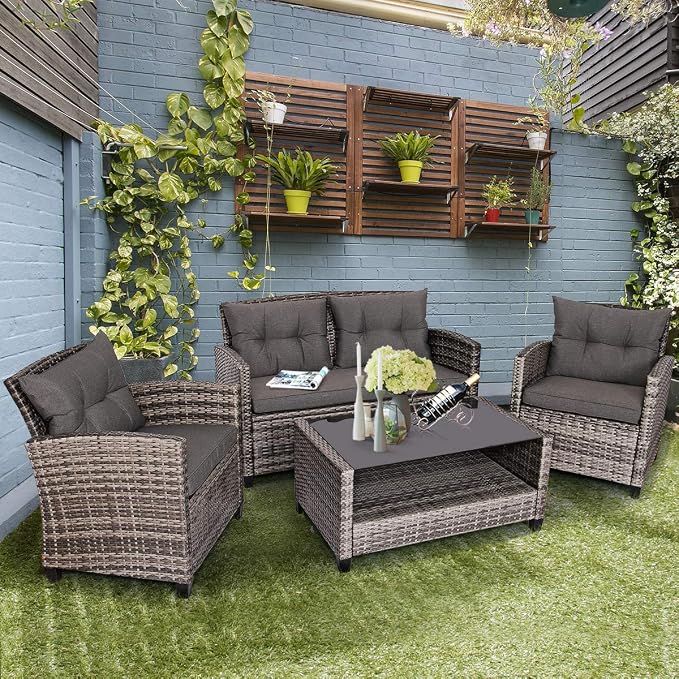 Tangkula 4 PCS Patio Wicker Conversation Furniture Set, Outdoor Rattan Sofa Set with Padded Cushion & Tempered Glass Coffee Table, Wicker Sectional Sofas & Table for Courtyard Balcony Garden (1, Grey)