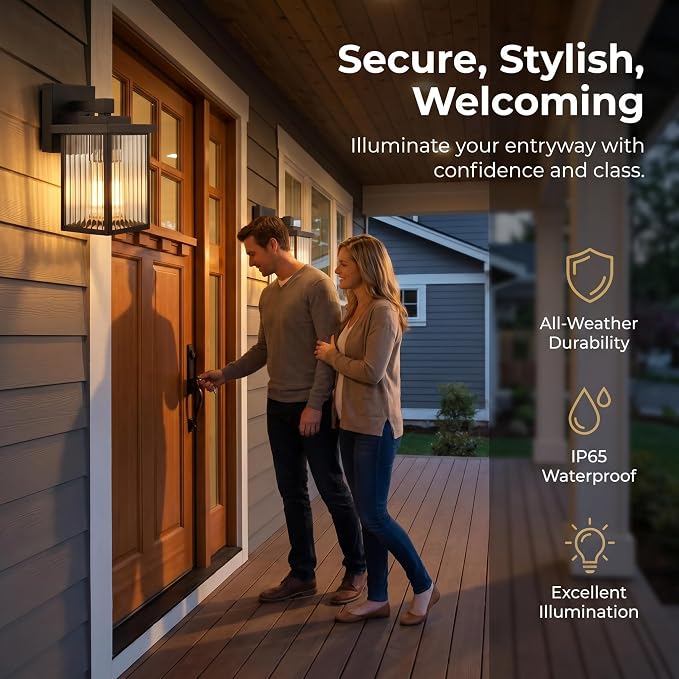2 Pack Matte Black Porch Light, Rust-Resistant Outdoor Wall Light | Corrosion-Resistant Metal, Textured Glass Cuts Glare, Easy DIY Install on Porch, Garage