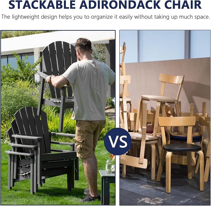 nevilywood 5-Piece HDPE Adirondack Chair Set, 4 Stackable Chairs Coffee Table, All-Weather Wood Grain, Patio Garden Backyard,Gray