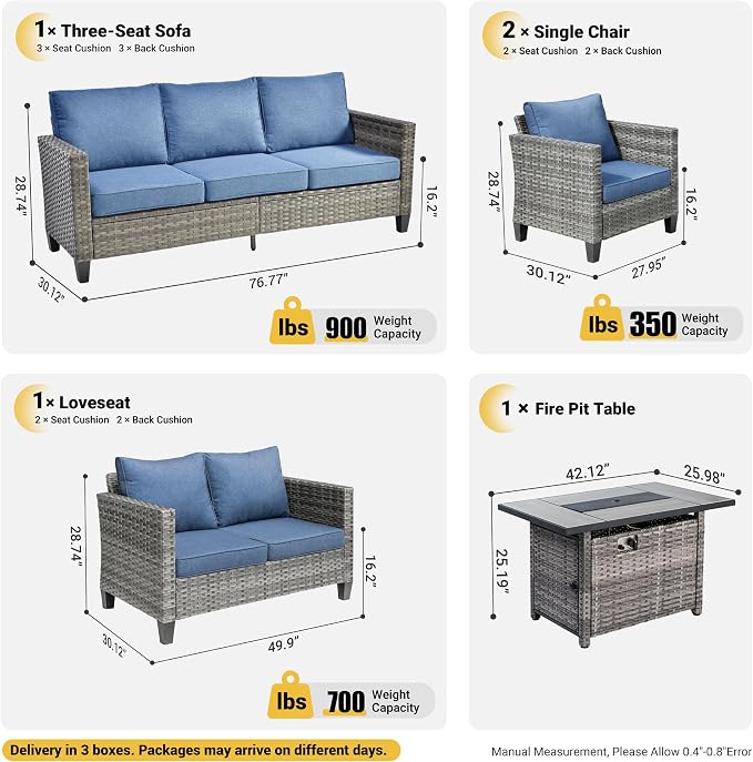 ovios 5 Pieces Patio Furniture Set, Outdoor Wicker Rattan Sofa Couch with 42" Fire Pit Table, Loveseat Chairs, Conversation Sets for Yard Porch Garden, Denim Blue