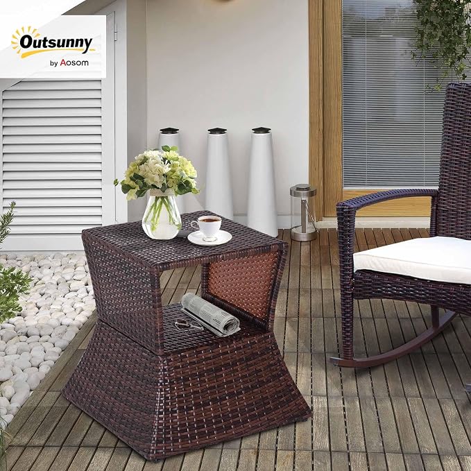 Outsunny Outdoor Side Table with Umbrella Hole, 2 Tier Rattan Wicker End Table with Storage Shelf, All Weather for Patio, Garden, Backyard, Mixed Brown